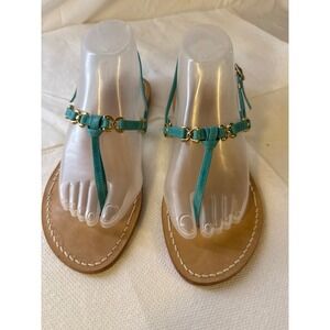 La Conchiglia Positano Turquoise Leather Chain Thong Sandals Made in Italy 39